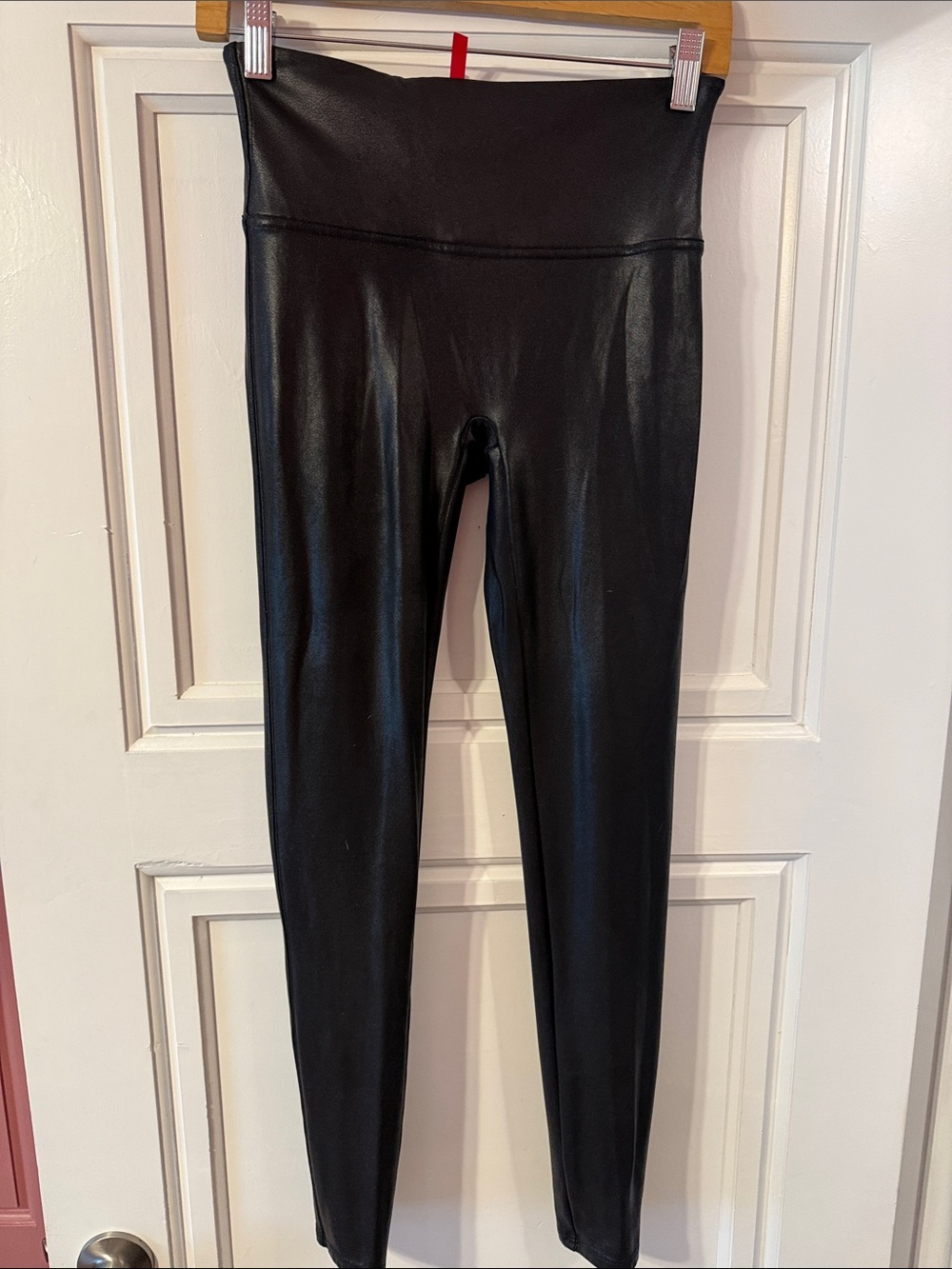 SPANX Black Faux Leather Leggings with Red Tag